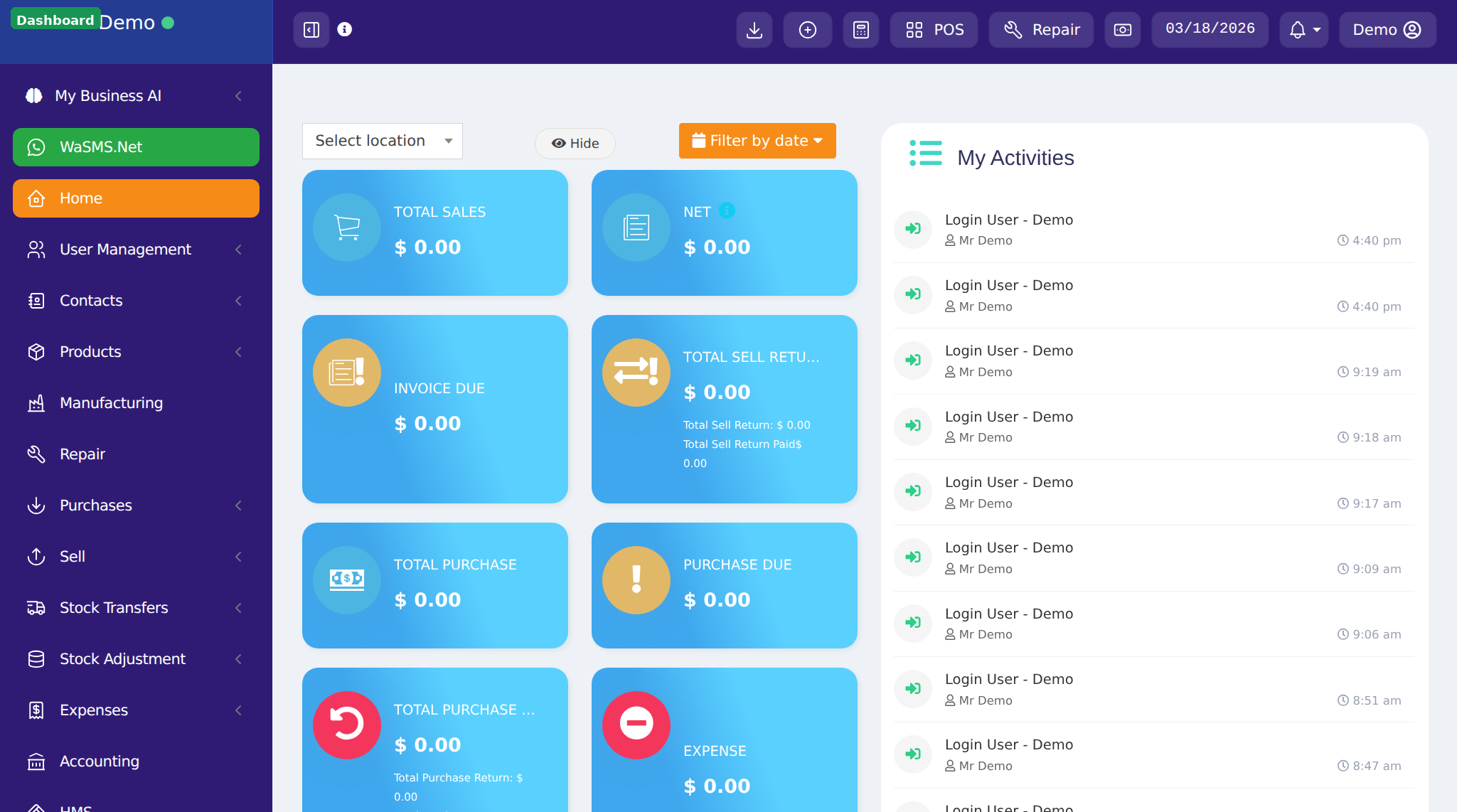 Dashboard showing sales summary, sidebar navigation, and recent activity