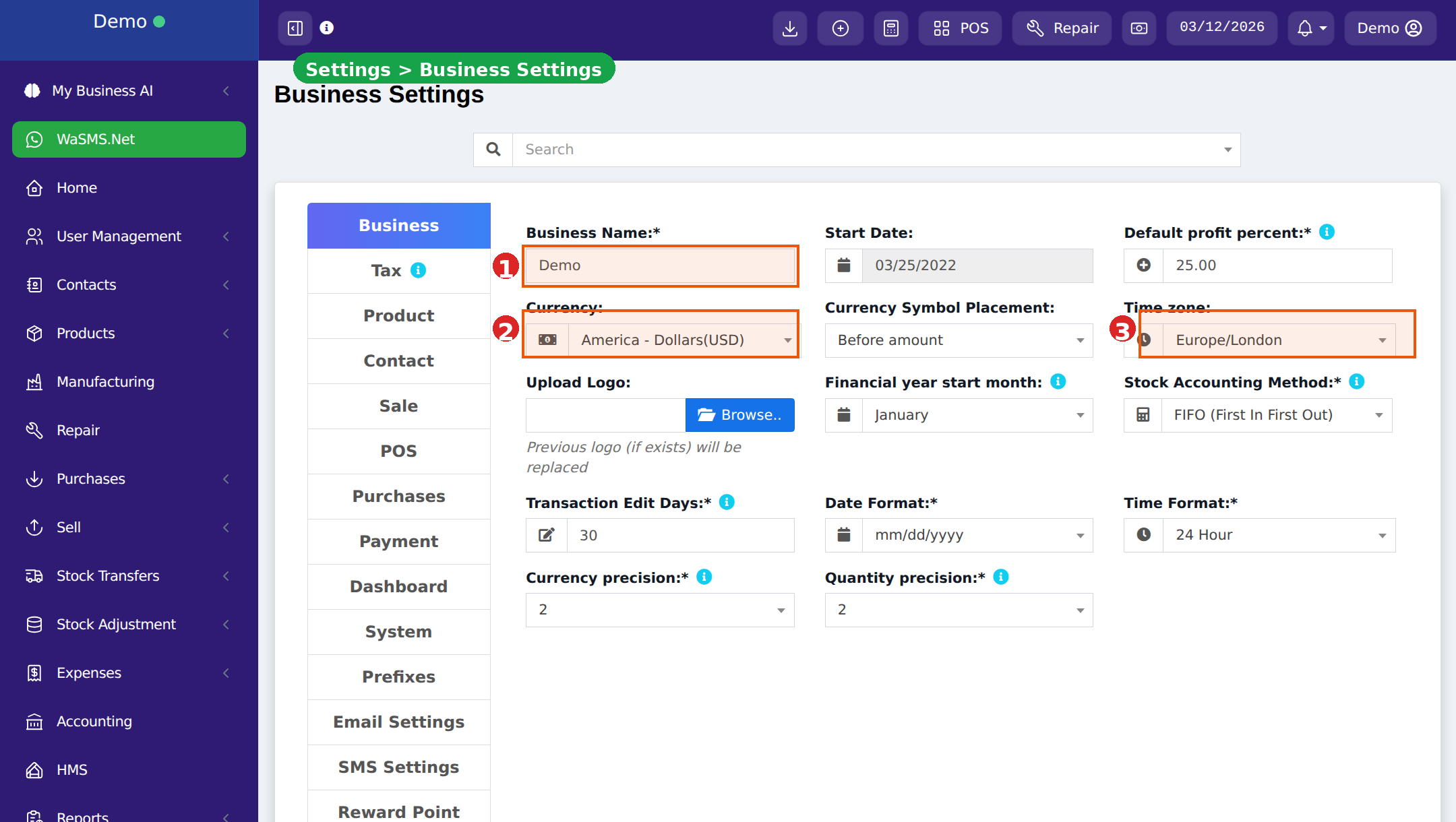 Business Settings page showing business name, currency, timezone, and other configuration fields