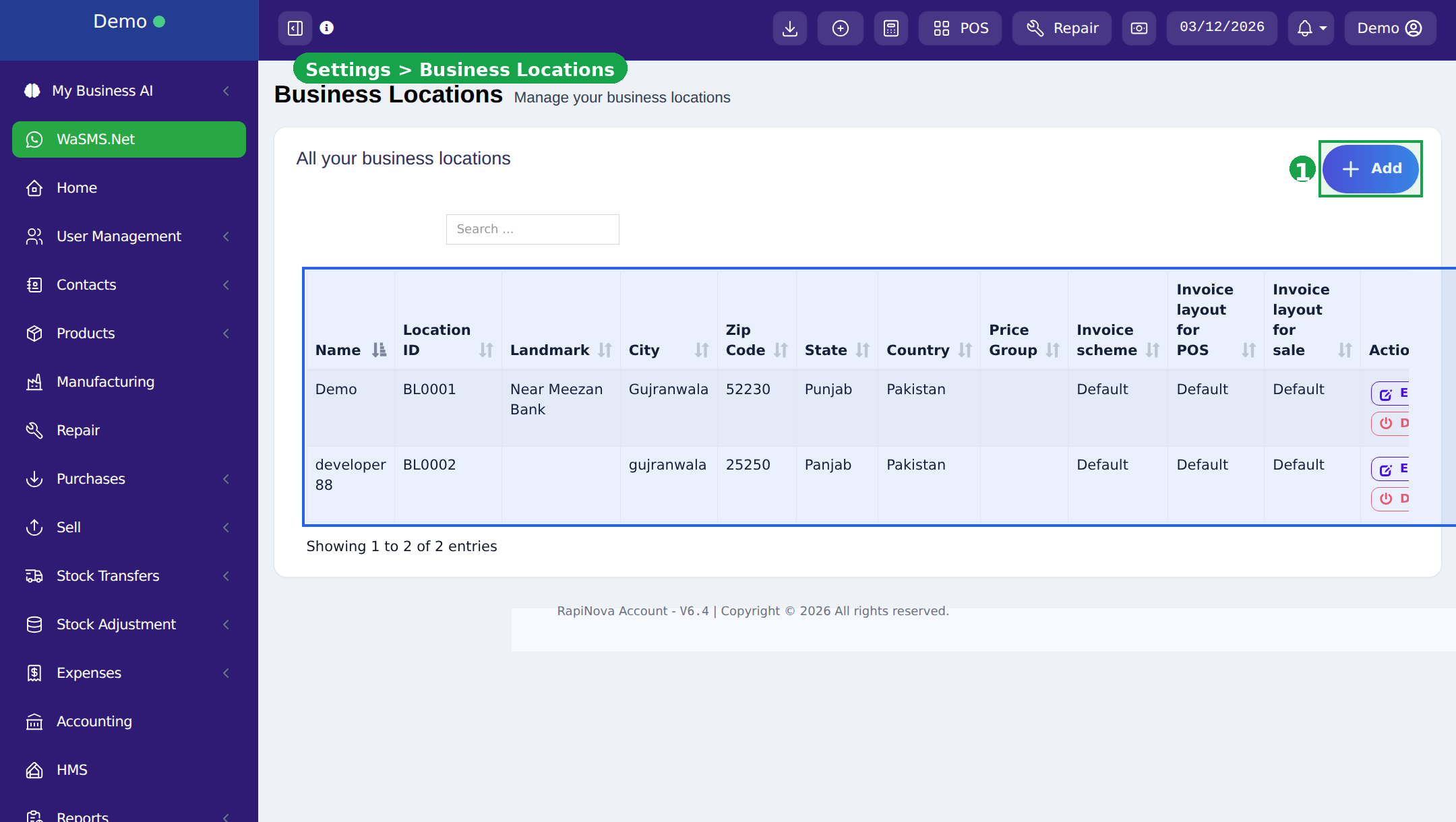 Business Locations page showing list of configured locations