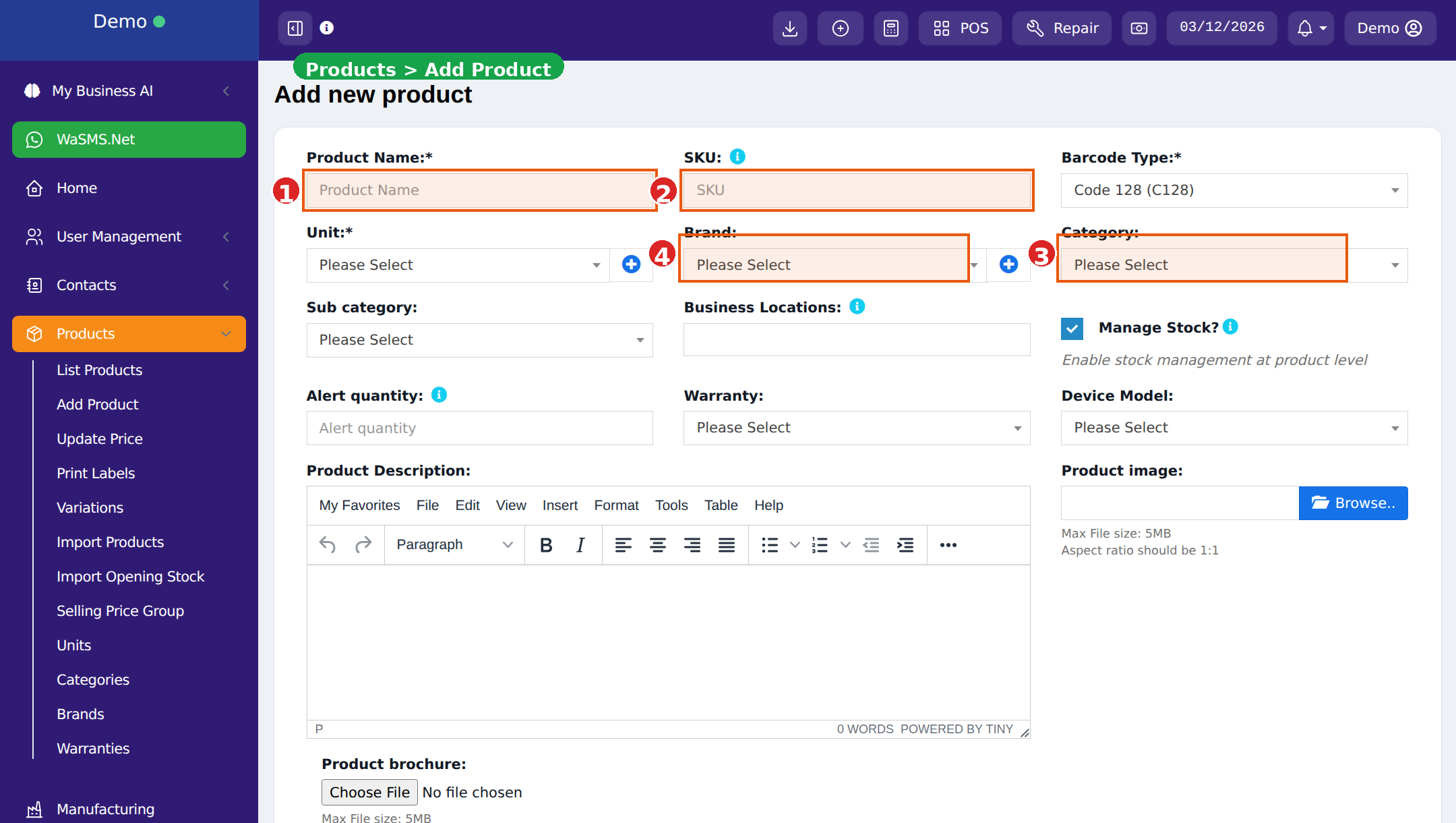 Products page showing product list with Add Product button highlighted