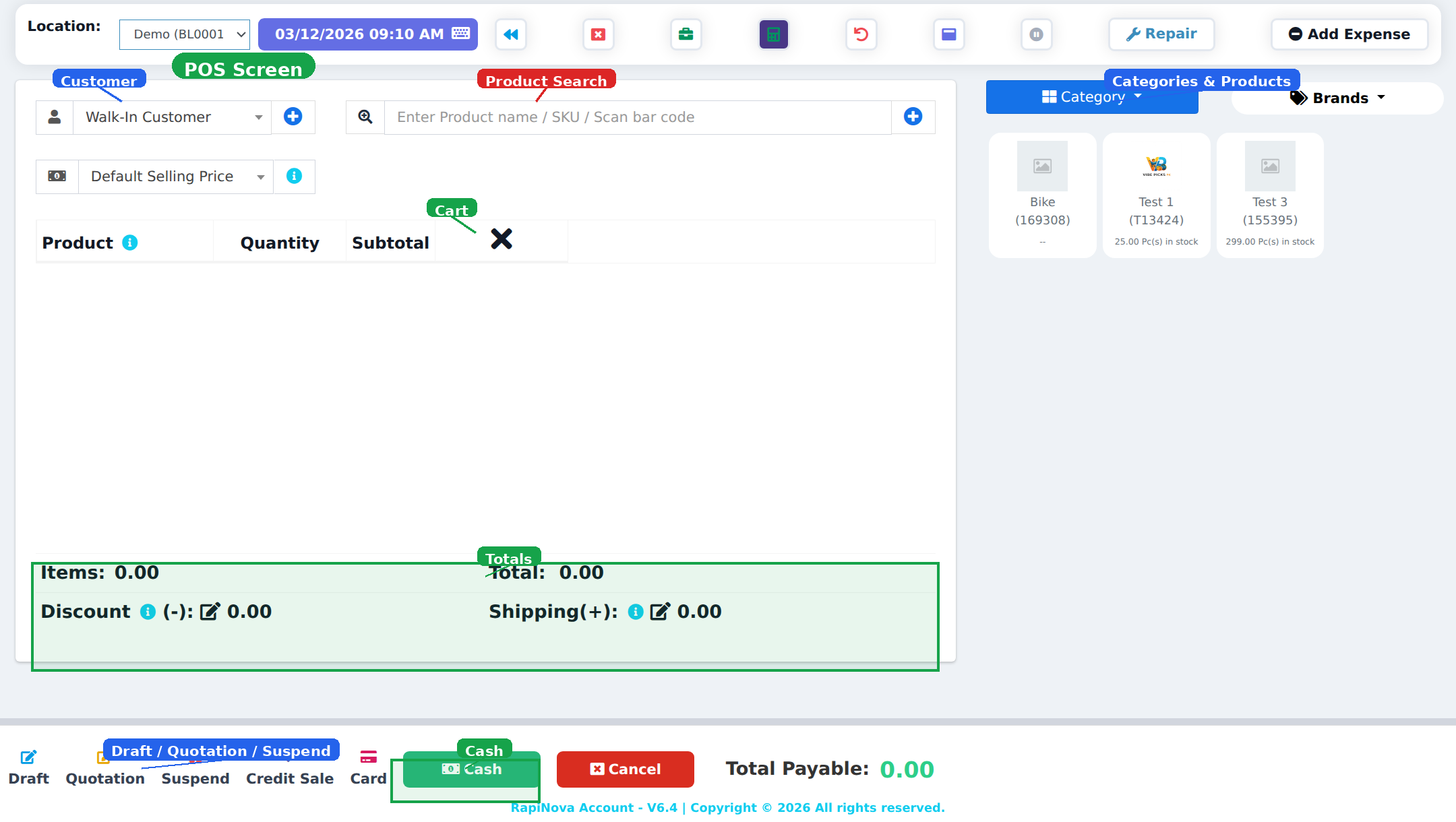 POS screen showing product search, cart area, category sidebar, and payment buttons